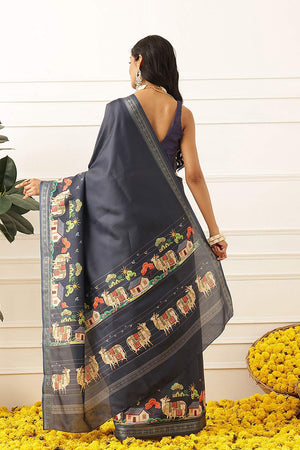 Navy Blue Animal Printed Art Silk Saree (SZ-DGMAYLI-1-NB-3103)