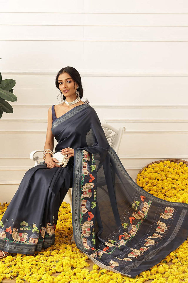 Navy Blue Animal Printed Art Silk Saree (SZ-DGMAYLI-1-NB-3103)