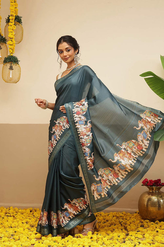 Green Animal Printed Art Silk Saree (SZ-DGMAYLI-1-TL-3101)