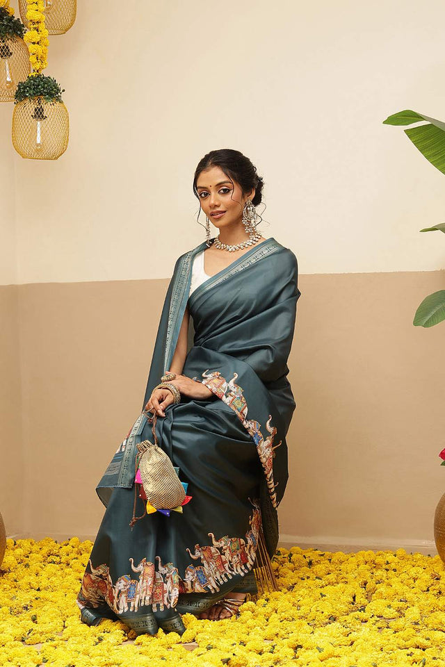 Green Animal Printed Art Silk Saree (SZ-DGMAYLI-1-TL-3101)