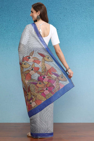 Grey Cotton Zari Tissue Printed Saree