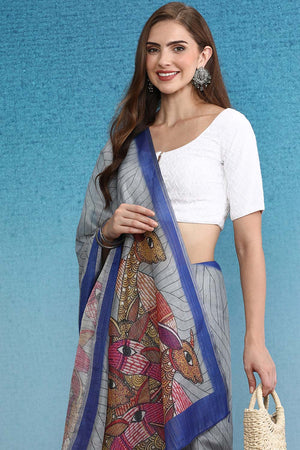 Grey Cotton Zari Tissue Printed Saree