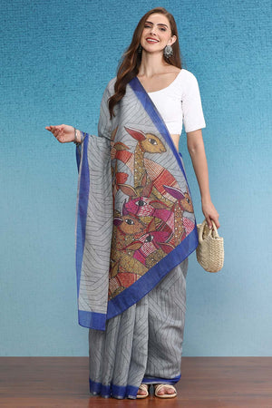 Grey Cotton Zari Tissue Printed Saree