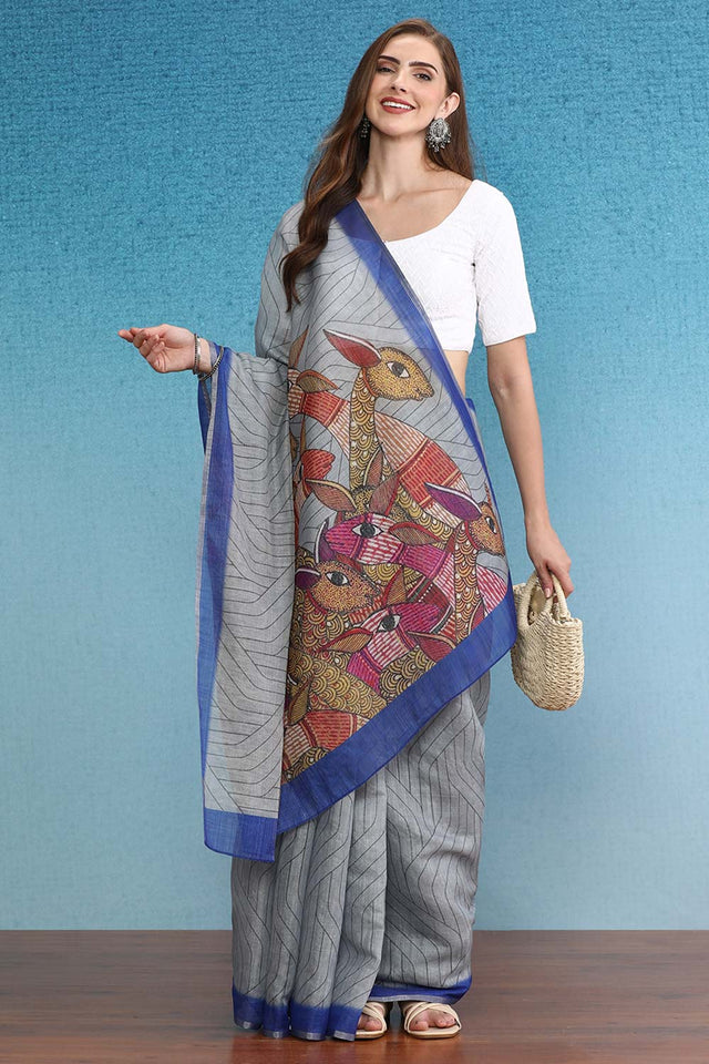 Grey Cotton Zari Tissue Printed Saree