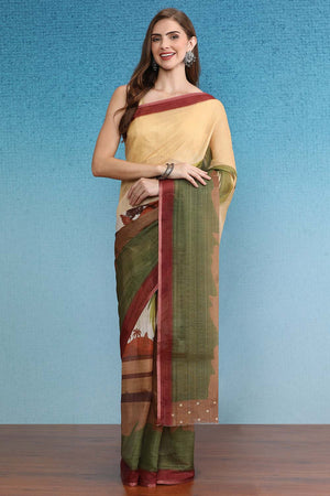 Yellow Cotton Zari Tissue Printed Saree
