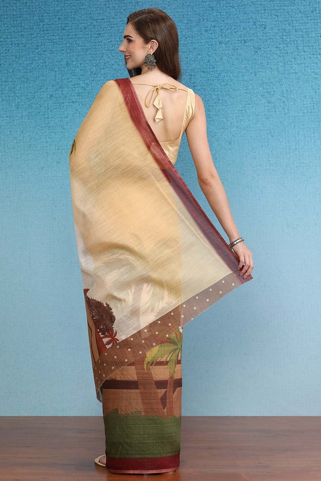 Yellow Cotton Zari Tissue Printed Saree