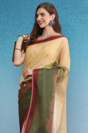 Yellow Cotton Zari Tissue Printed Saree