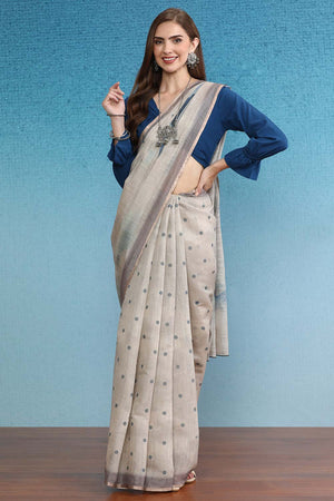 Beige Cotton Zari Tissue Printed Saree
