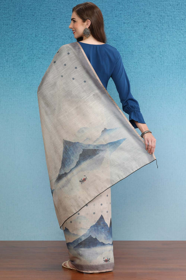 Beige Cotton Zari Tissue Printed Saree