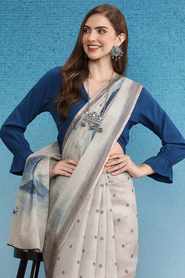 Beige Cotton Zari Tissue Printed Saree