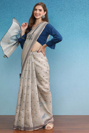 Beige Cotton Zari Tissue Printed Saree