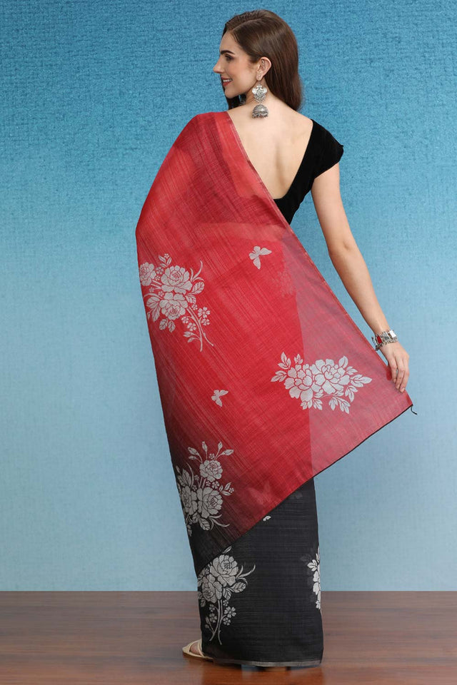 Black Cotton Zari Tissue Printed Saree