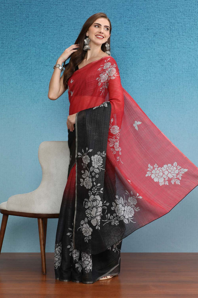 Black Cotton Zari Tissue Printed Saree