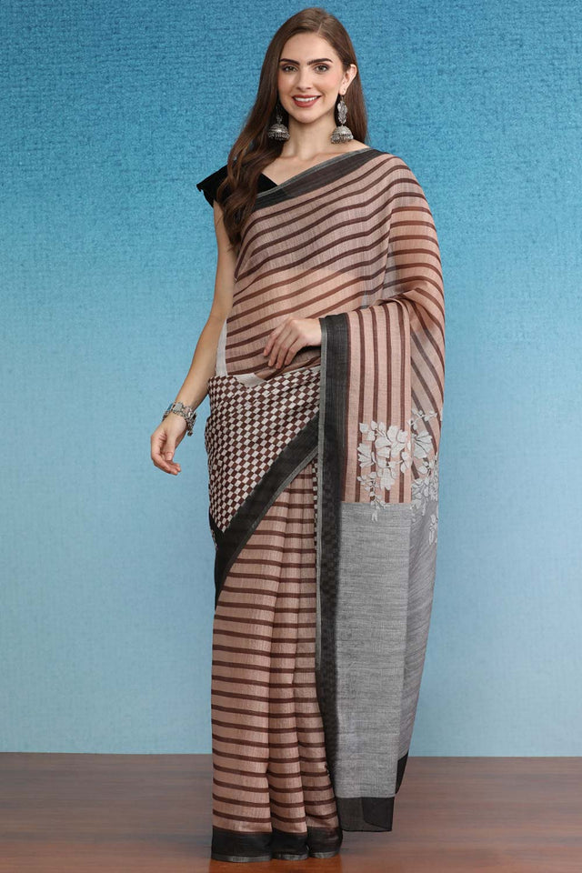 Brown Cotton Zari Tissue Printed Saree