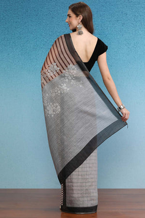 Brown Cotton Zari Tissue Printed Saree
