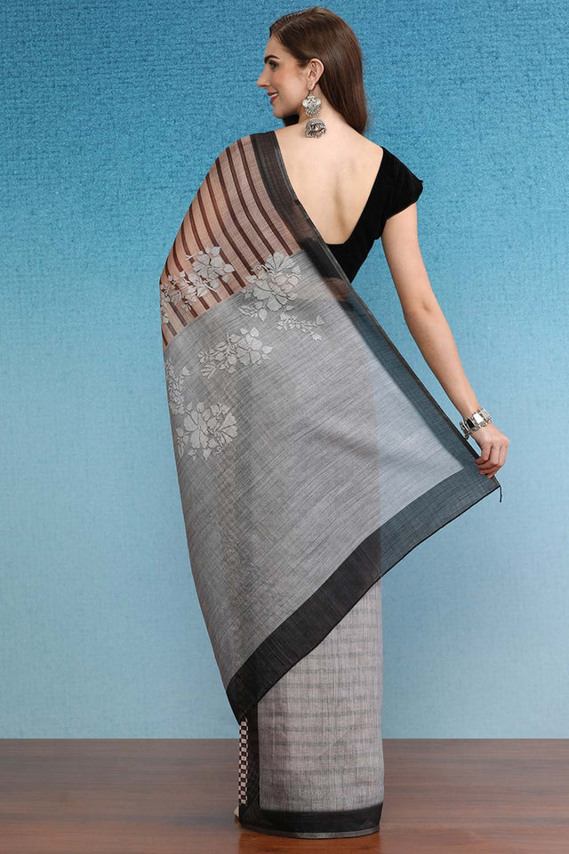Brown Cotton Zari Tissue Printed Saree