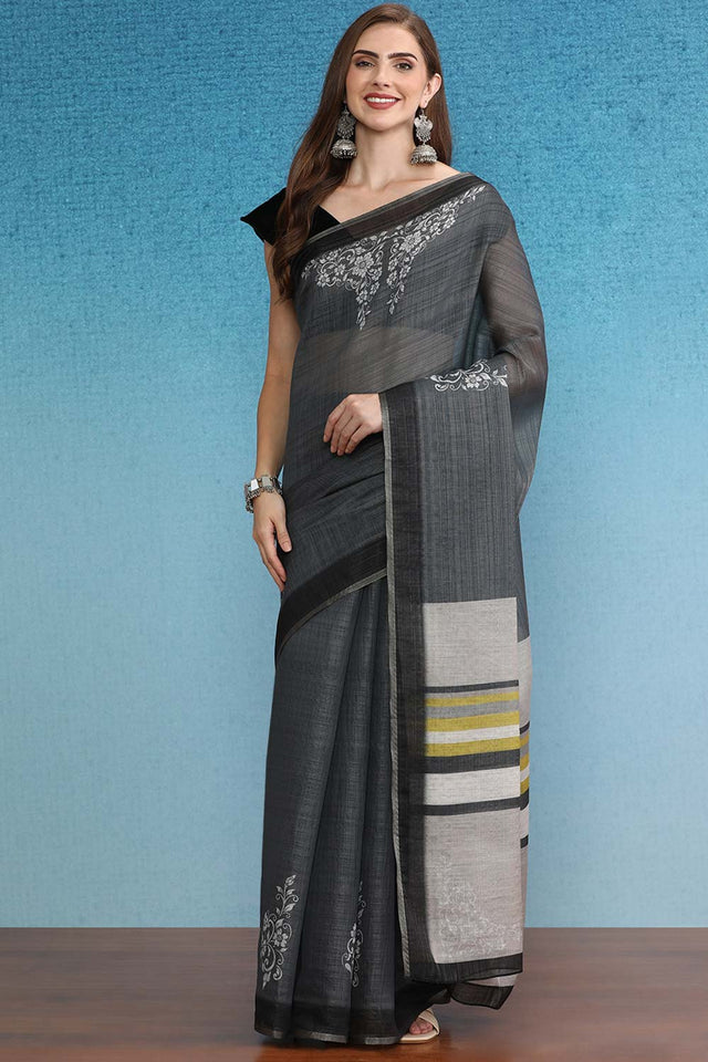 Grey Cotton Zari Tissue Printed Saree