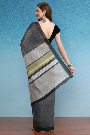 Grey Cotton Zari Tissue Printed Saree