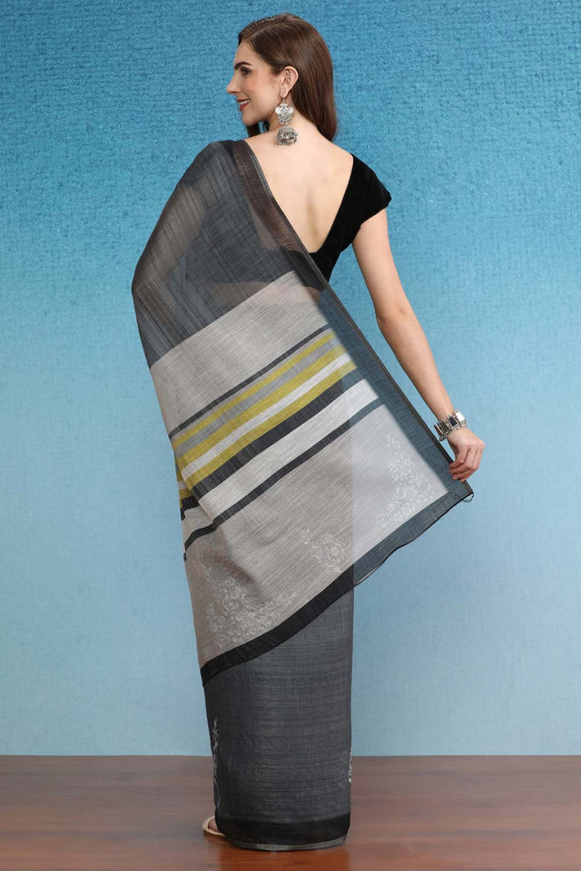 Grey Cotton Zari Tissue Printed Saree