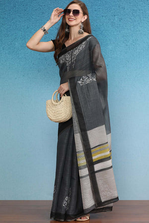 Grey Cotton Zari Tissue Printed Saree