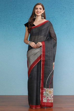 Grey Cotton Zari Tissue Printed Saree