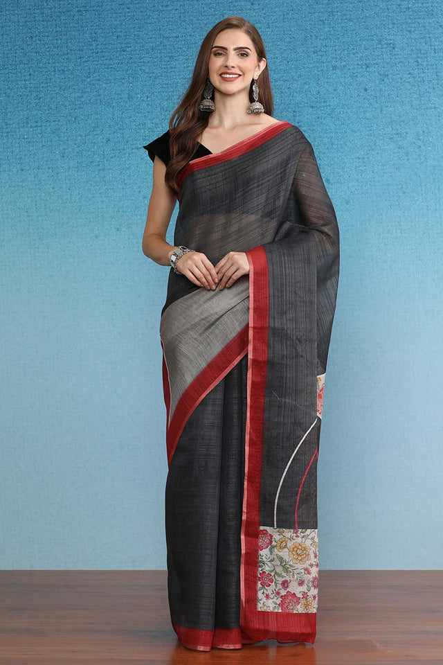 Grey Cotton Zari Tissue Printed Saree