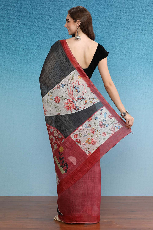 Grey Cotton Zari Tissue Printed Saree
