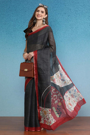 Grey Cotton Zari Tissue Printed Saree