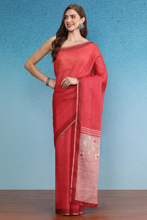 Red Cotton Zari Tissue Printed Saree