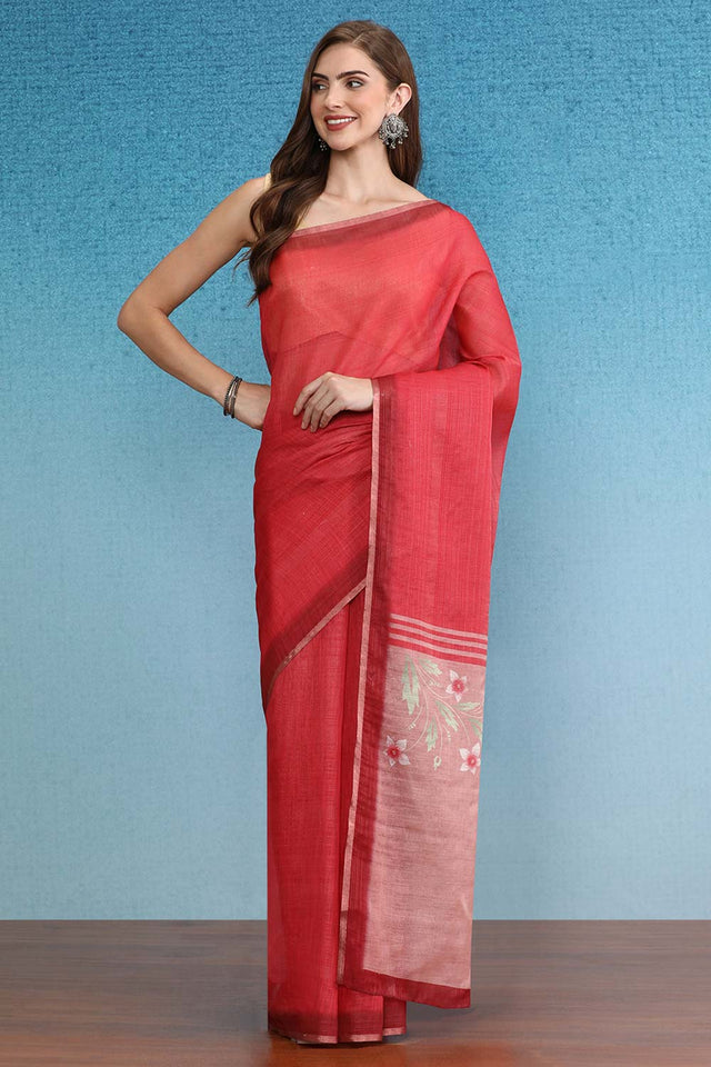 Red Cotton Zari Tissue Printed Saree