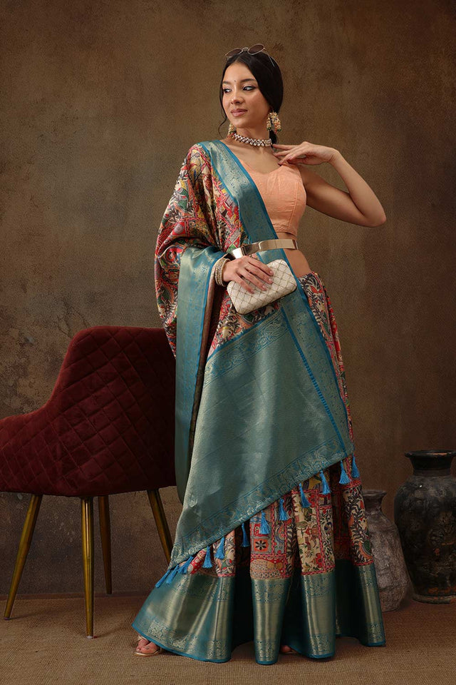 Multi Kanjeevaram Silk Kalamkari Saree