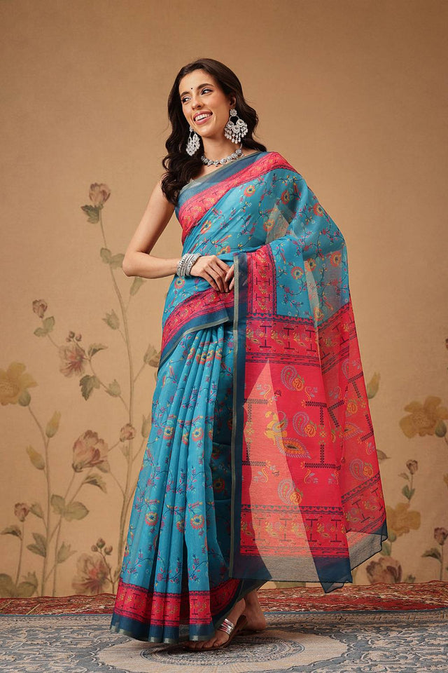 Blue Floral Printed Cotton Blend Saree