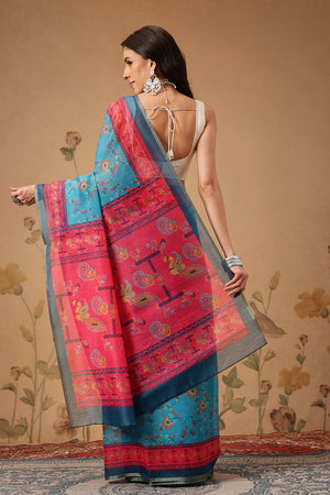 Blue Floral Printed Cotton Blend Saree