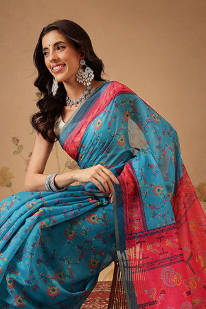 Blue Floral Printed Cotton Blend Saree