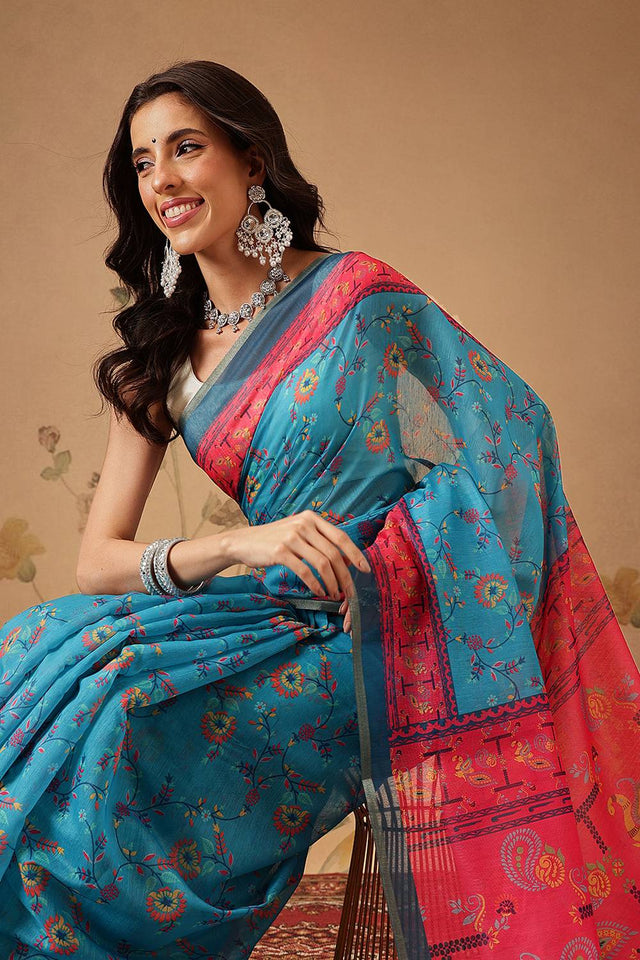 Blue Floral Printed Cotton Blend Saree