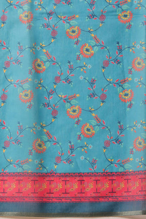 Blue Floral Printed Cotton Blend Saree