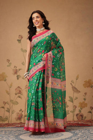 Green Floral Printed Cotton Blend Saree
