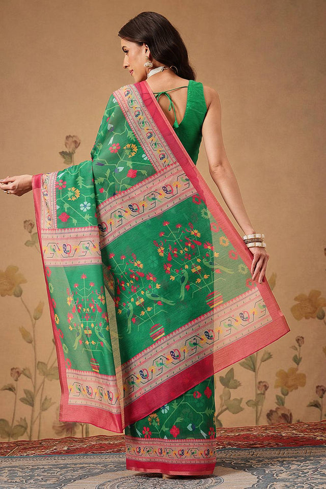 Green Floral Printed Cotton Blend Saree