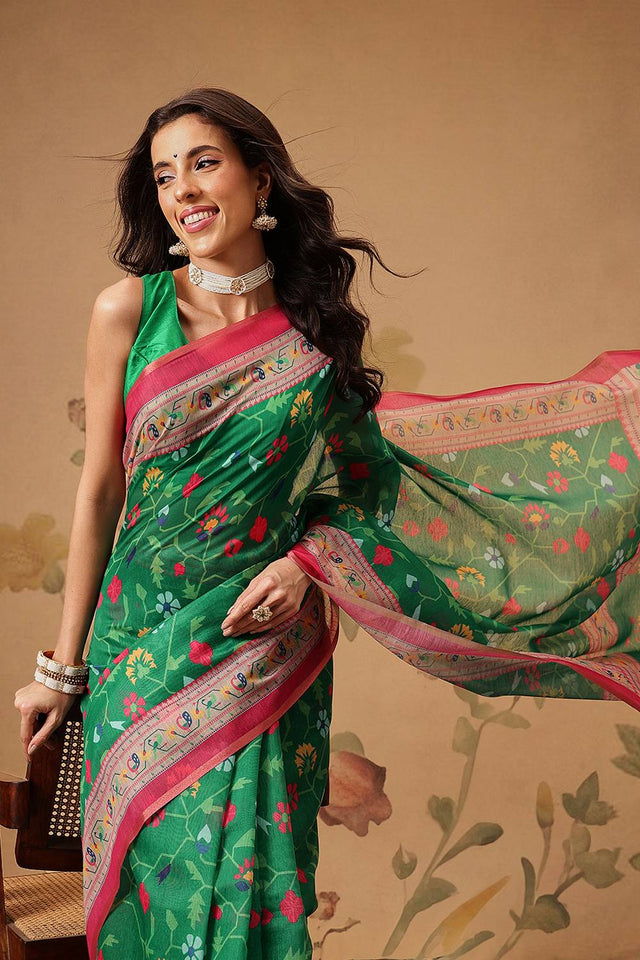 Green Floral Printed Cotton Blend Saree