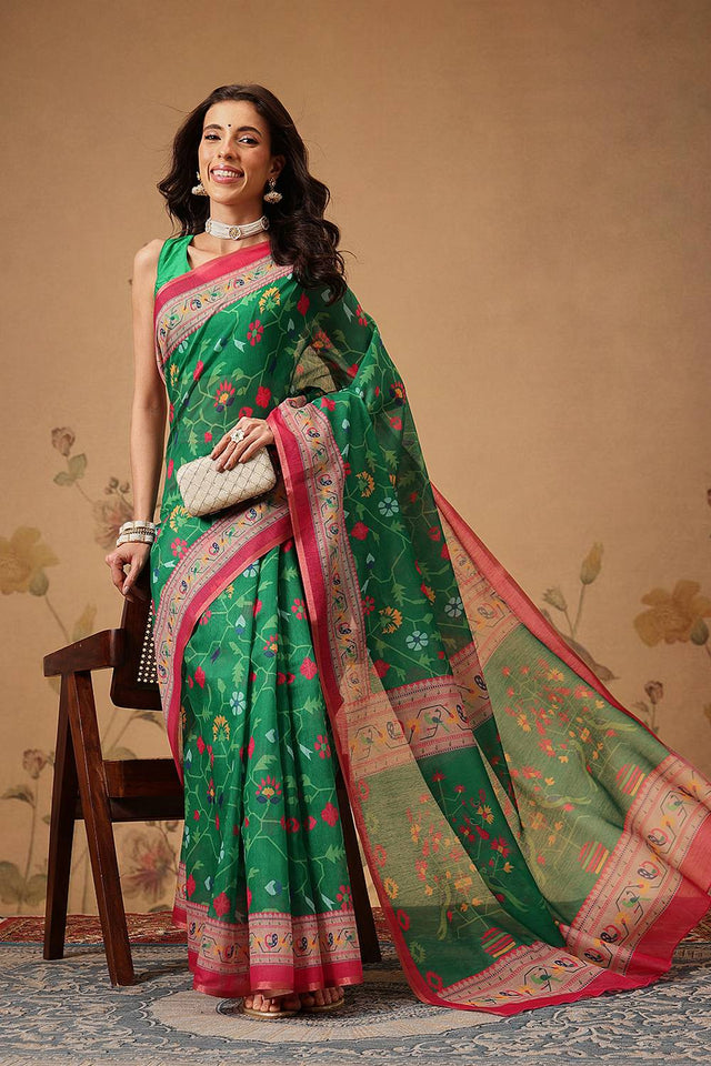 Green Floral Printed Cotton Blend Saree