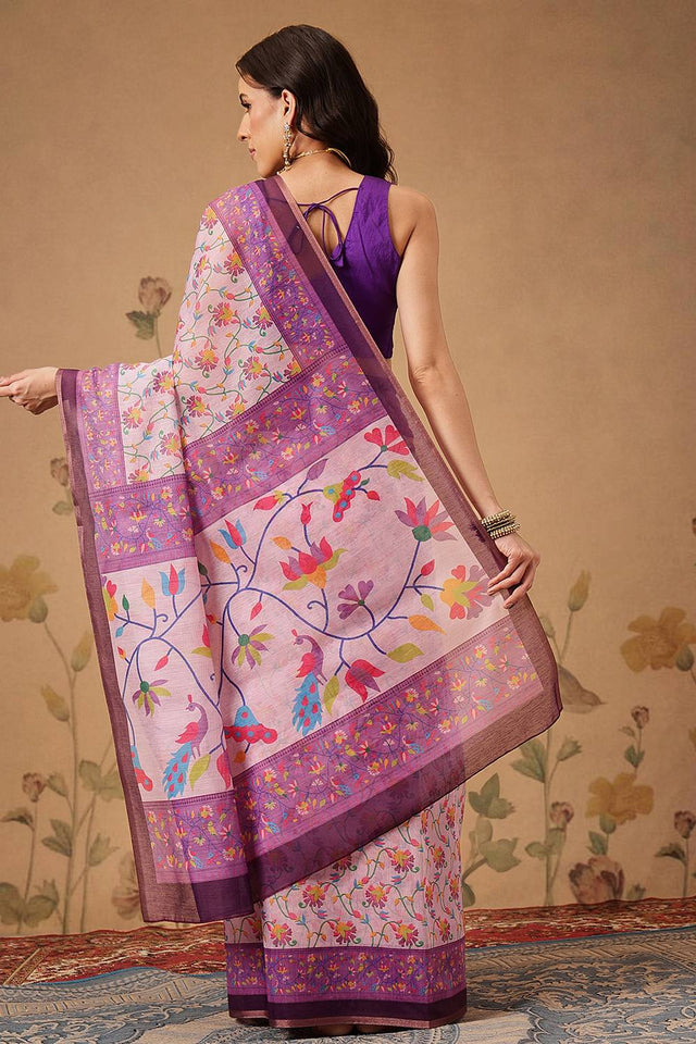 Lavender Floral Printed Cotton Blend Saree