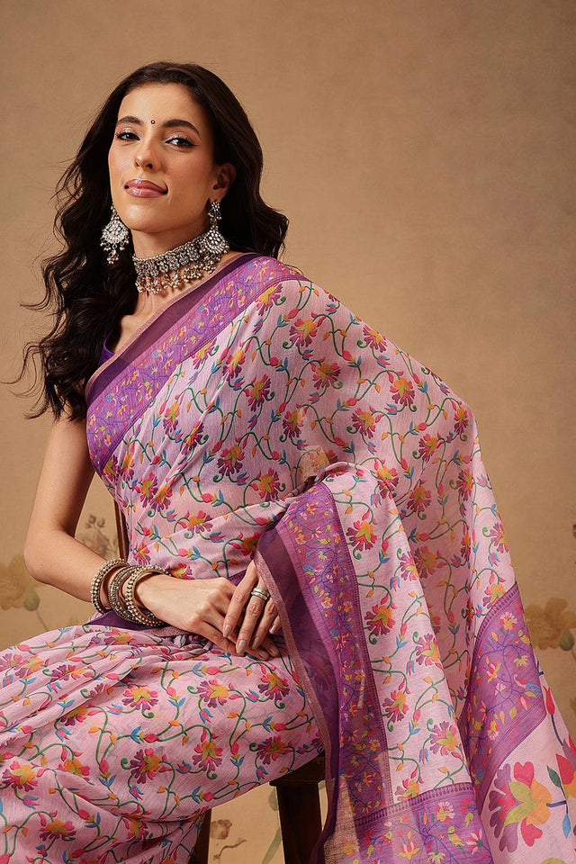Lavender Floral Printed Cotton Blend Saree