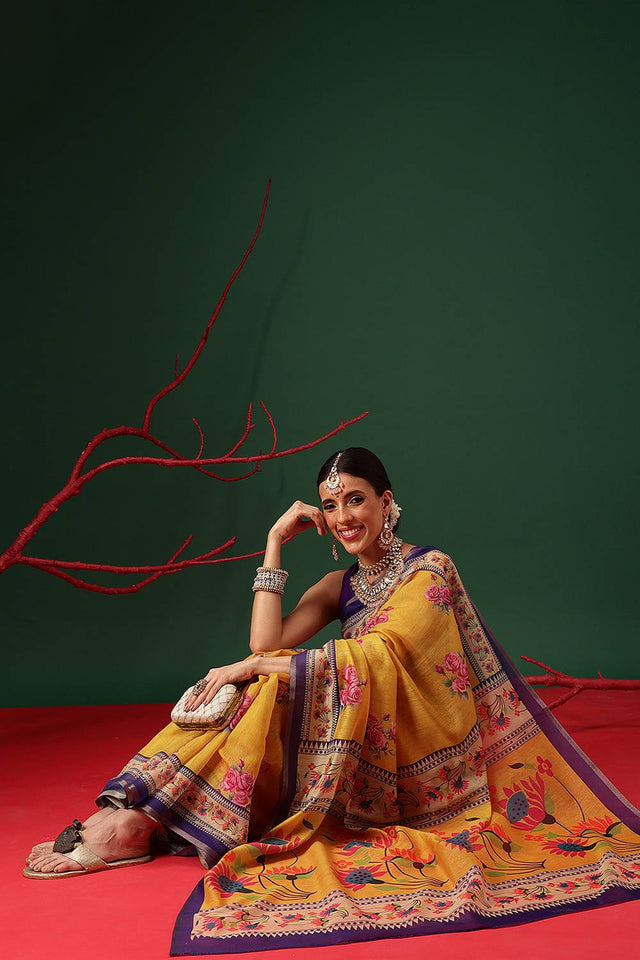 Mustard Floral Printed Cotton Blend Saree