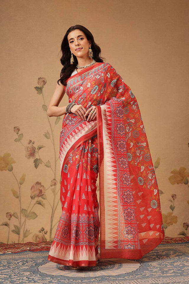 Red Floral Printed Cotton Blend Saree