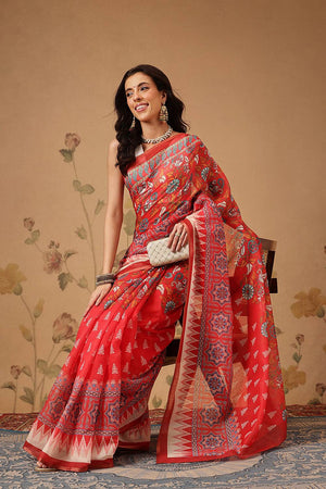 Red Floral Printed Cotton Blend Saree
