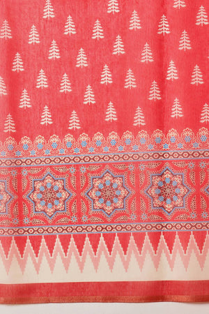 Red Floral Printed Cotton Blend Saree