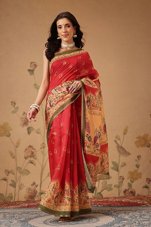 Red Floral Printed Cotton Blend Saree