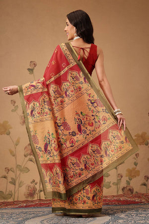 Red Floral Printed Cotton Blend Saree