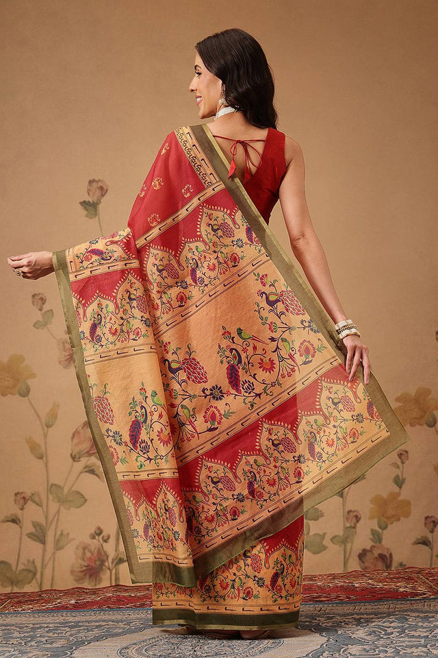 Red Floral Printed Cotton Blend Saree