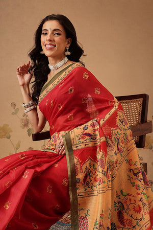 Red Floral Printed Cotton Blend Saree